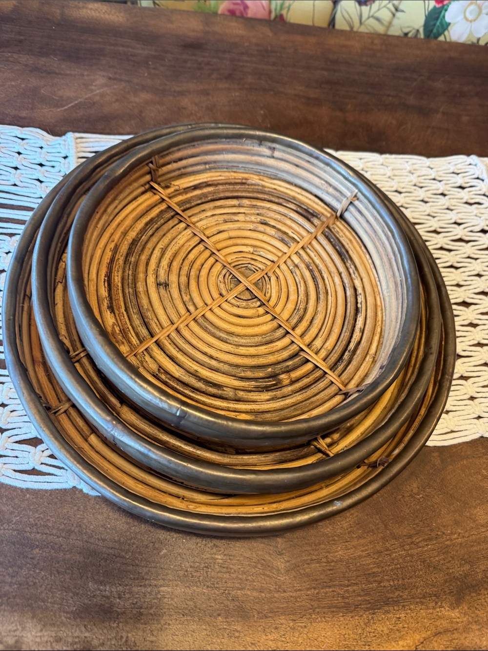 Gabriella Crespi Round Woven Rattan Trays in Brown